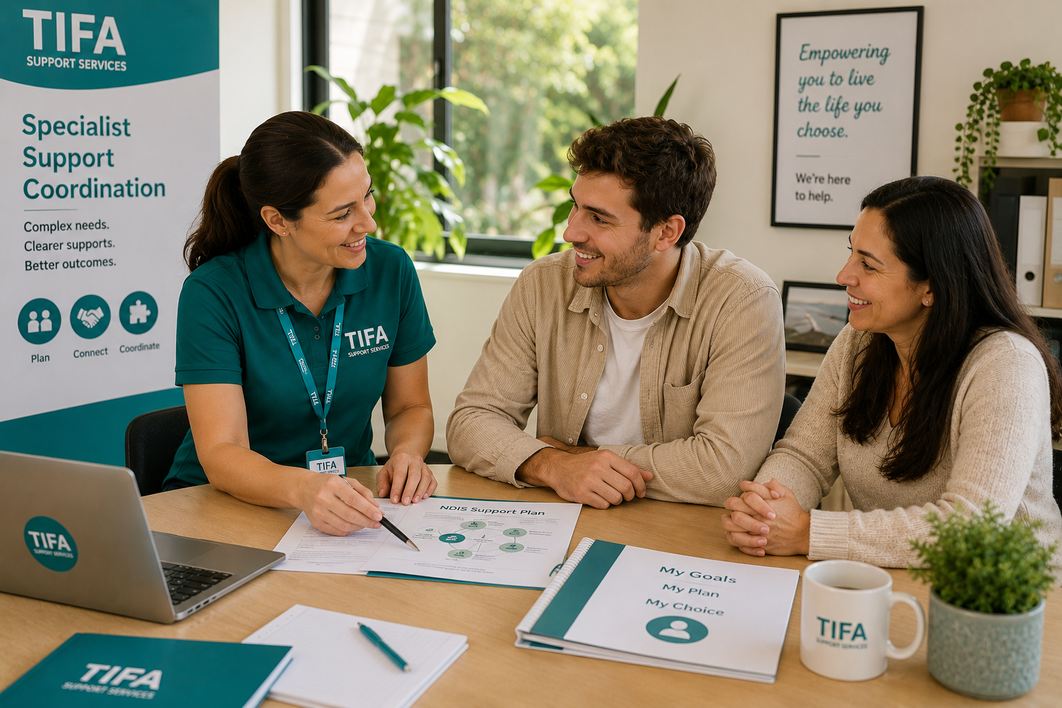 TIFA specialist support coordinator reviewing an NDIS support plan with a participant and family member.