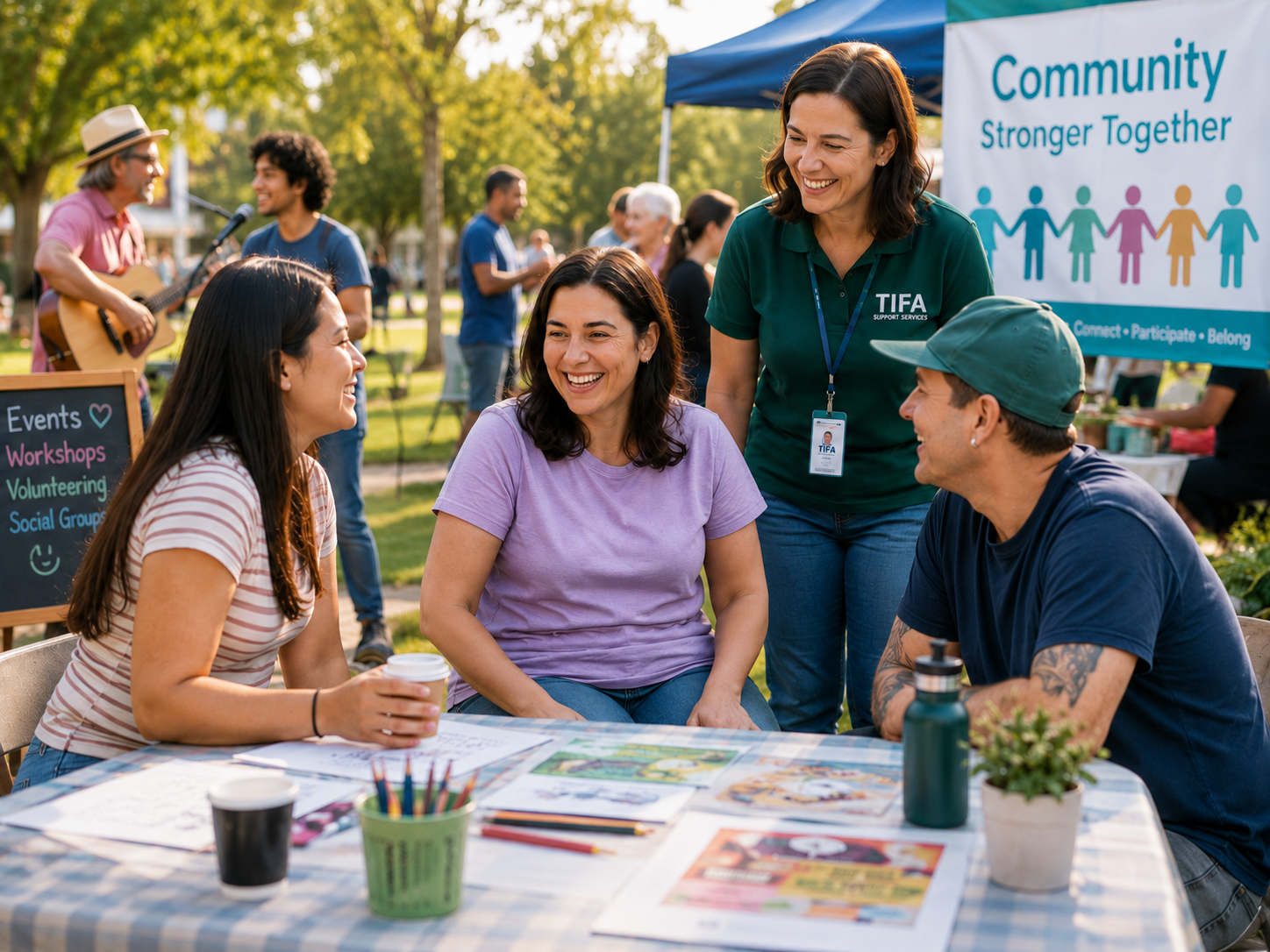 TIFA support worker helping participants connect at a community activity.