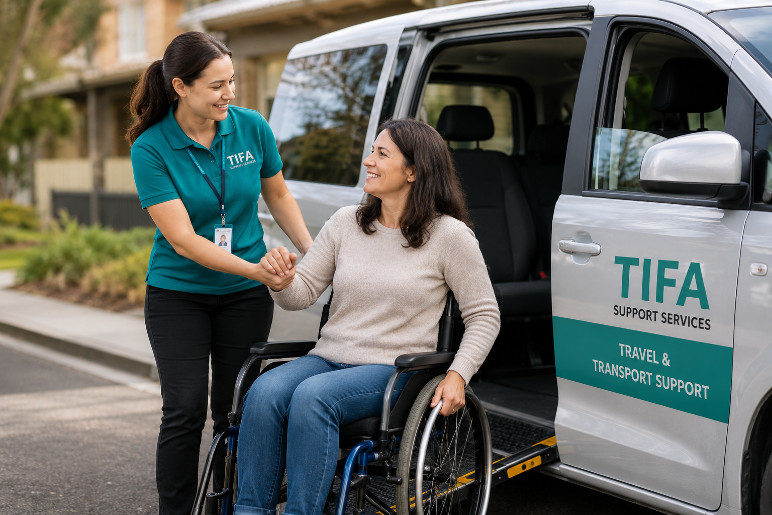 TIFA support worker assisting a participant with travel and transport.