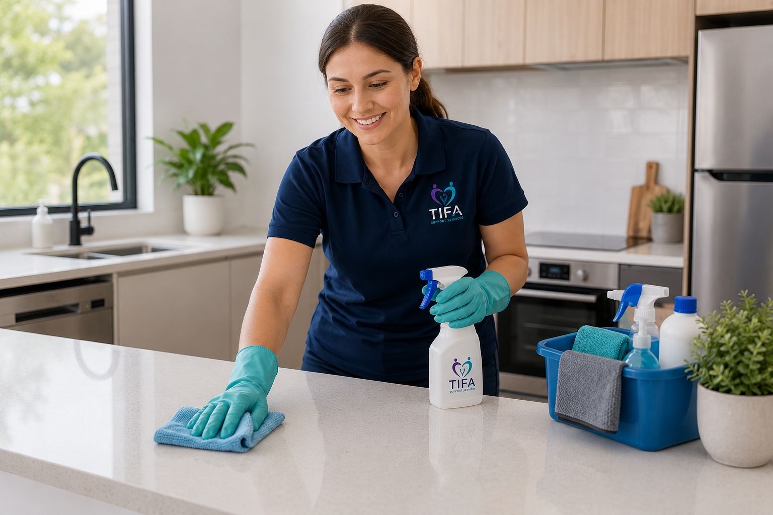 Cleaner wearing TIFA uniform cleaning a kitchen bench with cleaning supplies