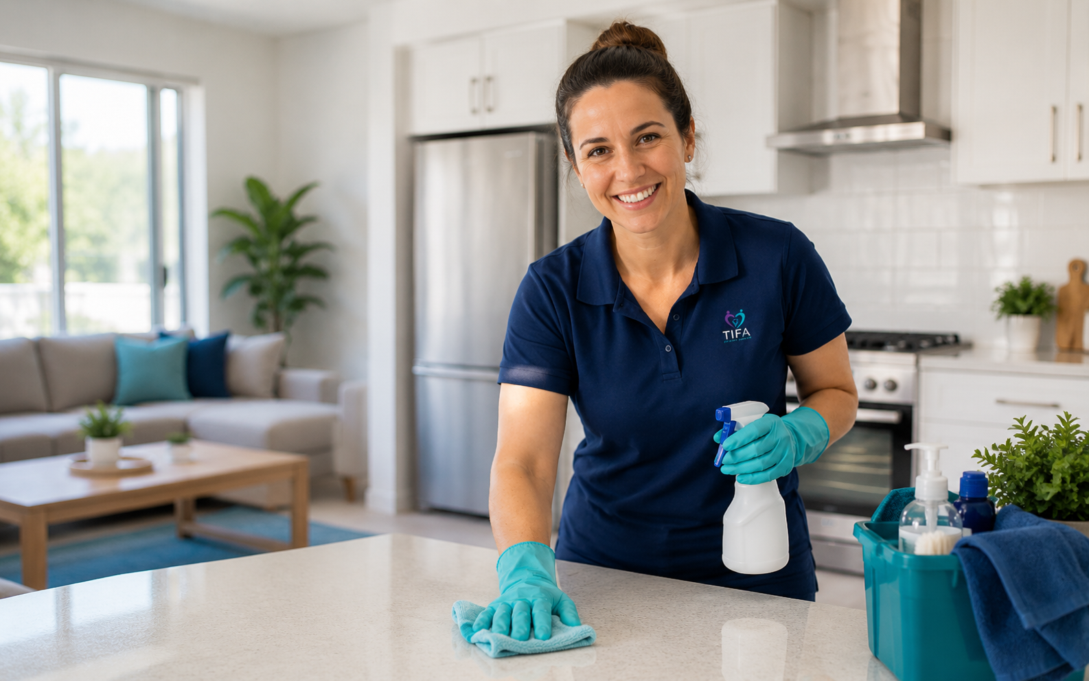 TIFA cleaner wiping a kitchen bench with cleaning supplies nearby.